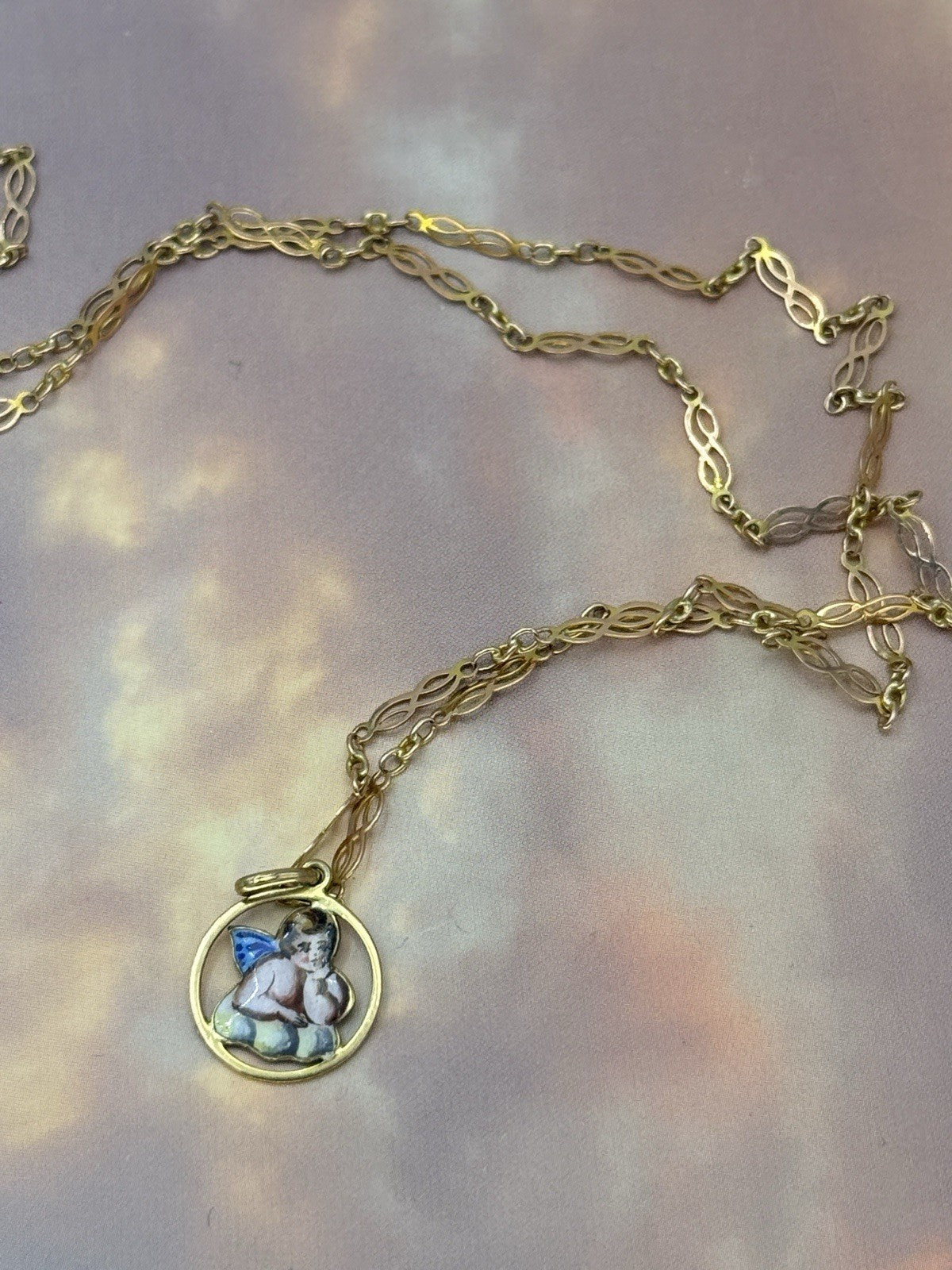 Collana antica in oro 9 kt con ciondolo smaltato a cherubino, inizi '900 – foto 7