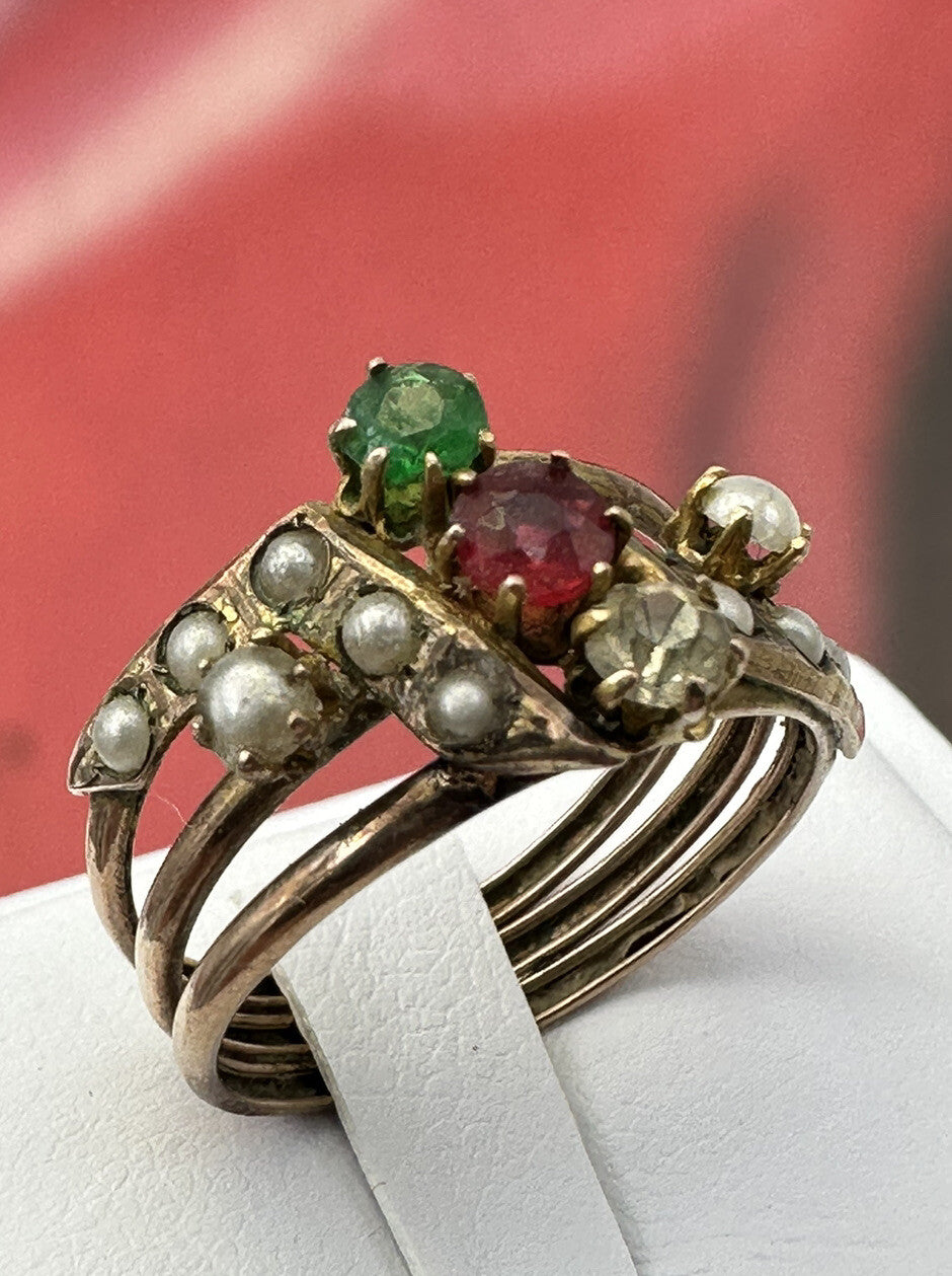 Anello borbonico in oro 6/7 kt con paste vitree e microperle, fine '800 – foto 2