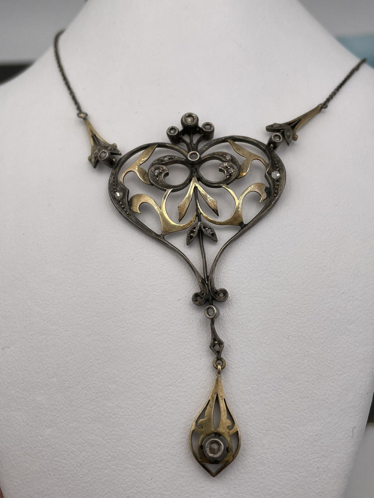 Collana con pendente antico in oro 12 kt, argento e diamanti taglio rosa – foto 11
