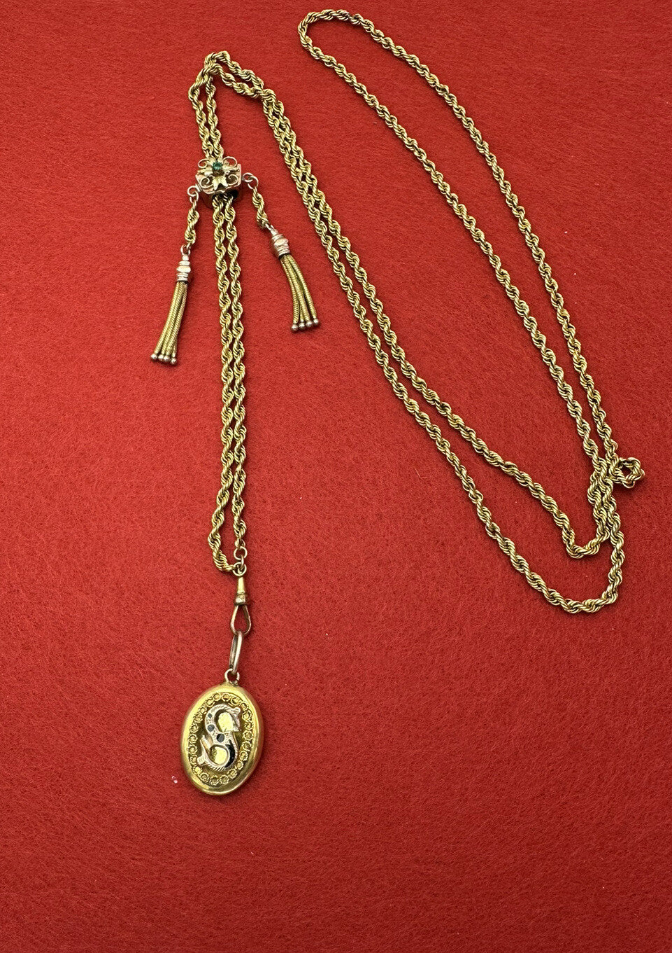Collana saliscendi borbonica in oro 6/7 kt con pendente S e pietra verde – foto 9