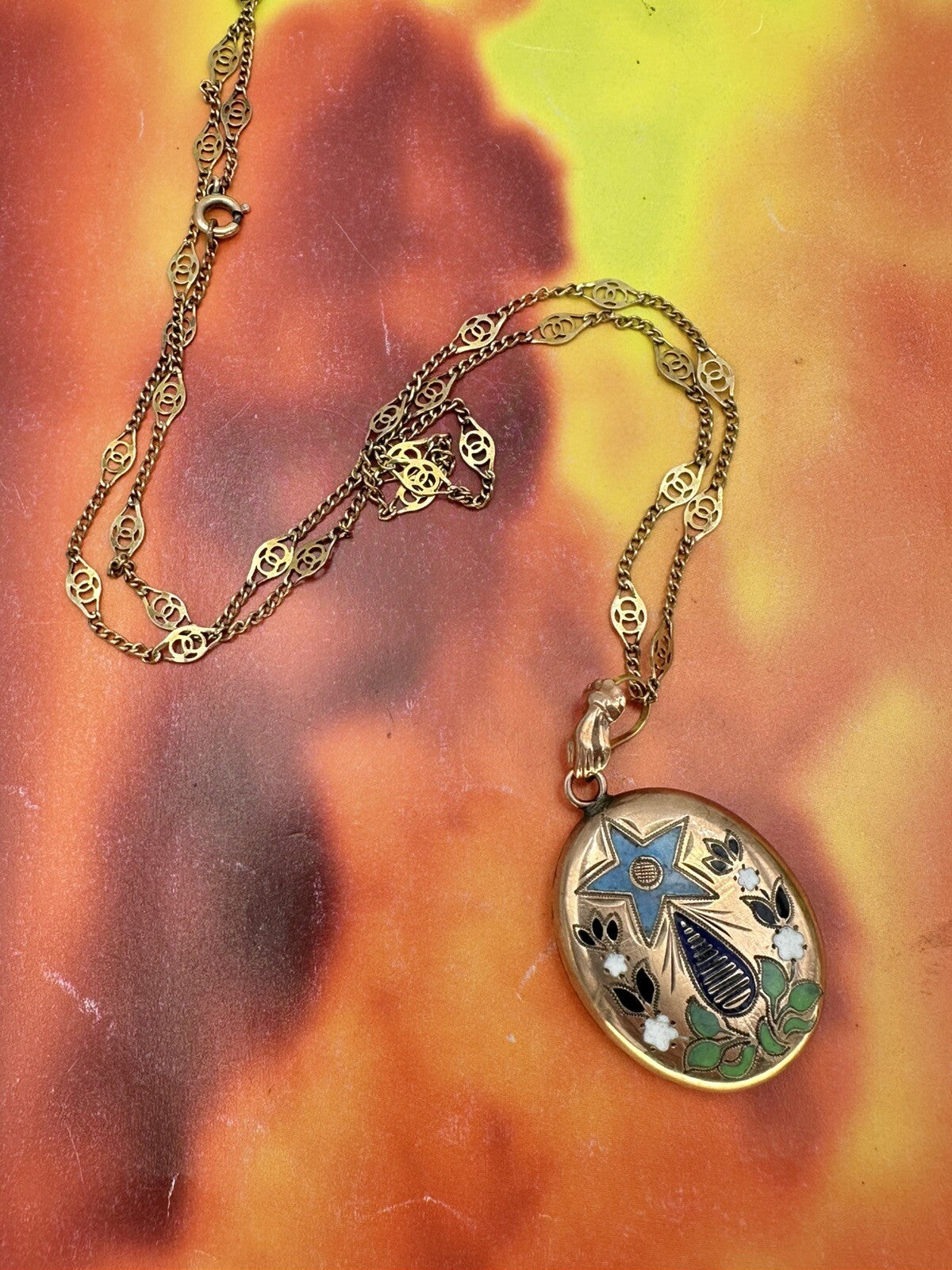Collana antica in oro 6/7 kt con ciondolo a smalti multicolor, fine '800 – foto 5