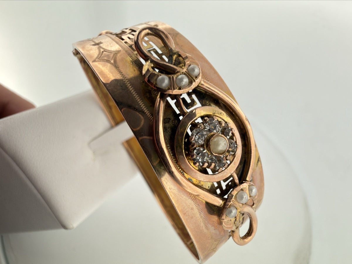 Bracciale a fascia antico in oro 6/7 kt con paste vitree e microperle – foto 4
