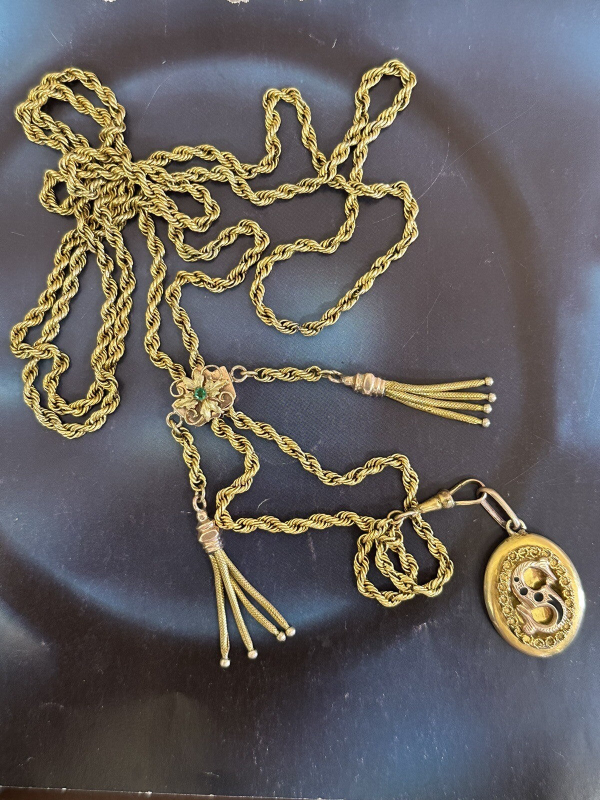 Collana saliscendi borbonica in oro 6/7 kt con pendente S e pietra verde – foto 13