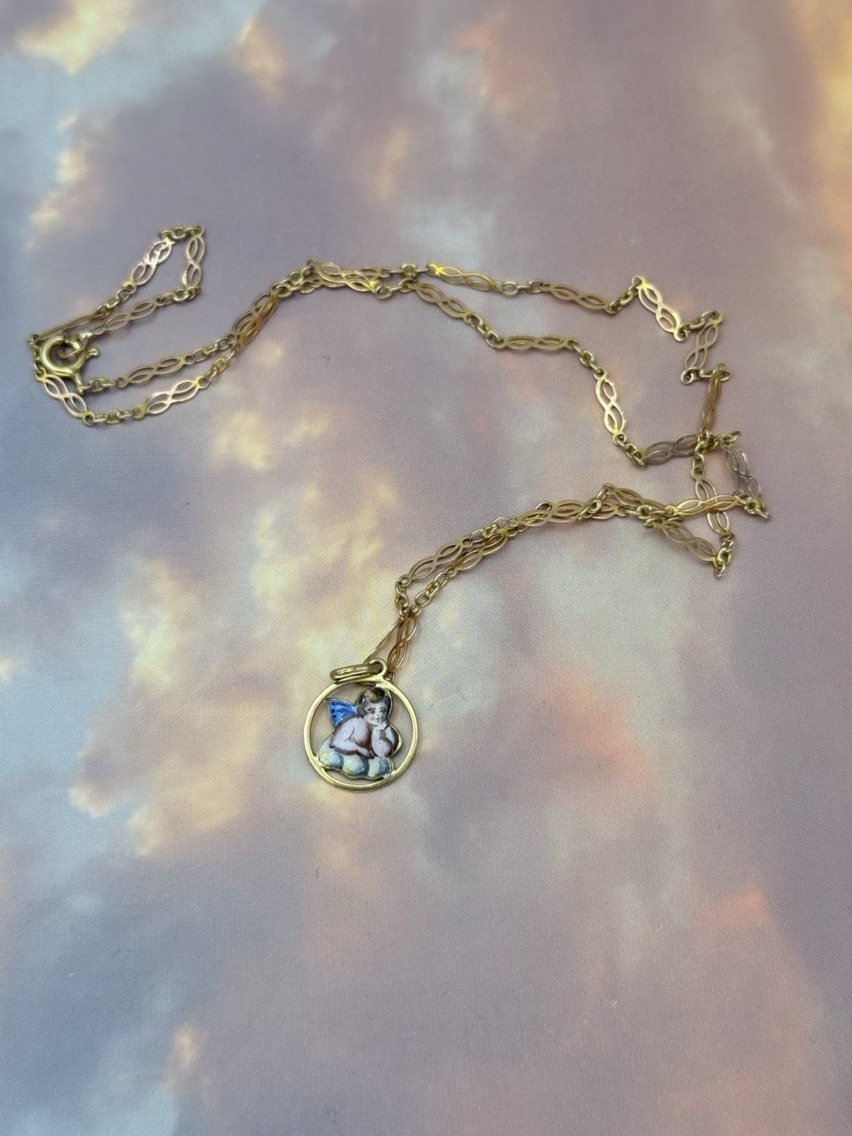 Collana antica in oro 9 kt con ciondolo smaltato a cherubino, inizi '900 – foto 8