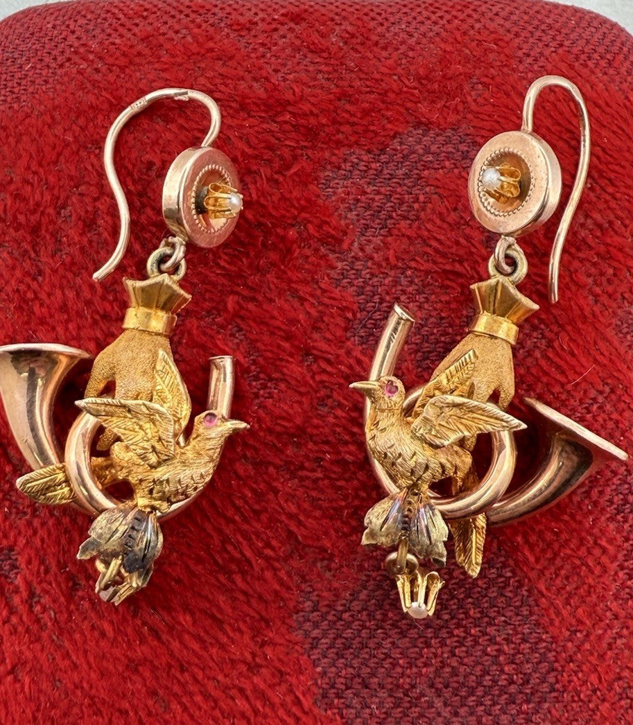 Orecchini antichi in oro 6/7 kt con paste vitree rosse e microperle, fine '800 – foto 19