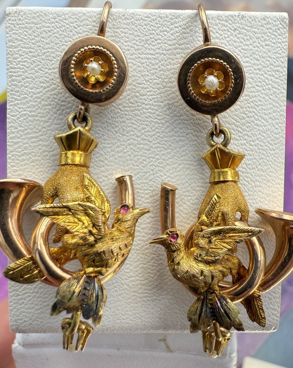 Orecchini antichi in oro 6/7 kt con paste vitree rosse e microperle, fine '800 – foto 13
