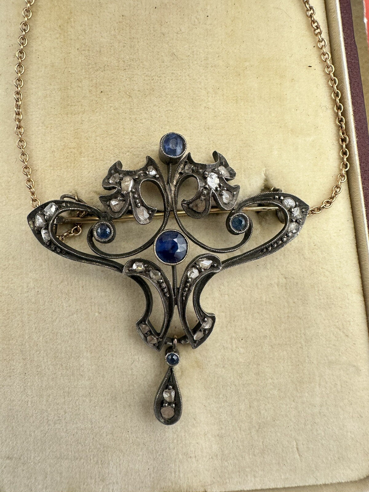Spilla pendente antica in argento e oro con zaffiri e diamanti, inizi '900 – foto 11