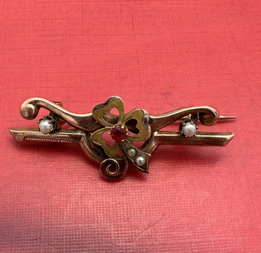 Spilla antica in oro rosso 6/7 kt con perle e pietra rossa, fine '800 – foto 2