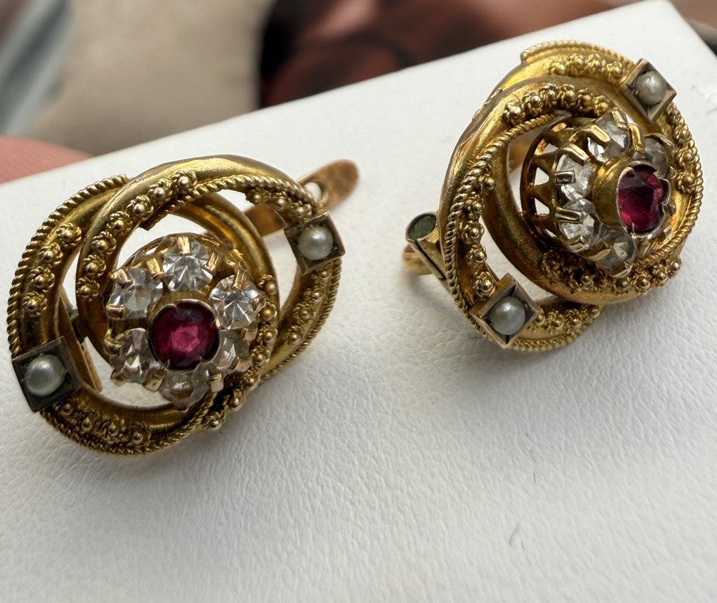 Orecchini antichi in oro 12 kt con paste vitree bianche e rosse, inizi '900 – foto 10