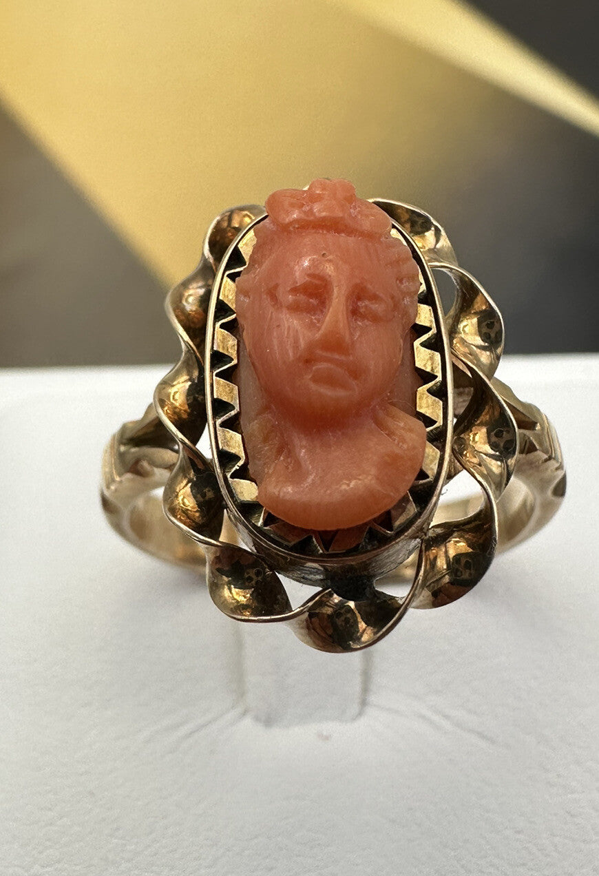 Anello borbonico in oro 6/7 kt con cammeo di corallo su onice, fine '800 – foto 6