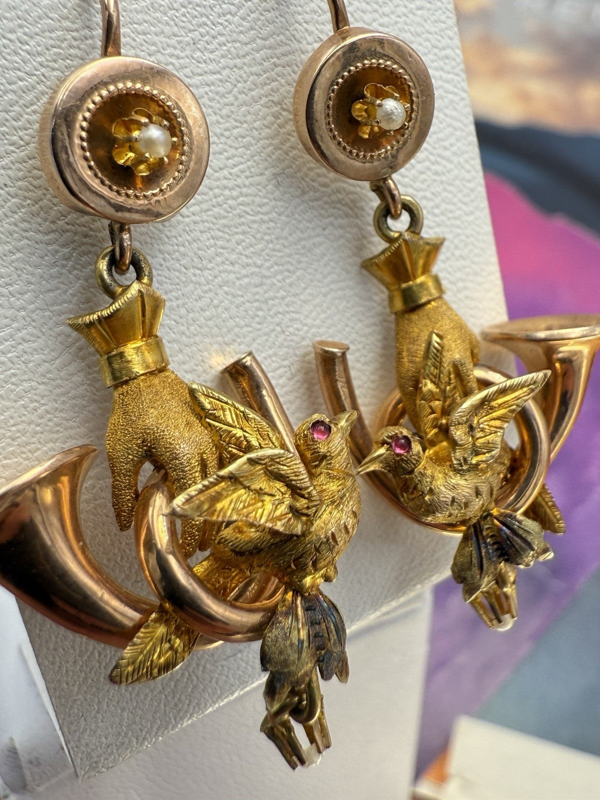 Orecchini antichi in oro 6/7 kt con paste vitree rosse e microperle, fine '800 – foto 12