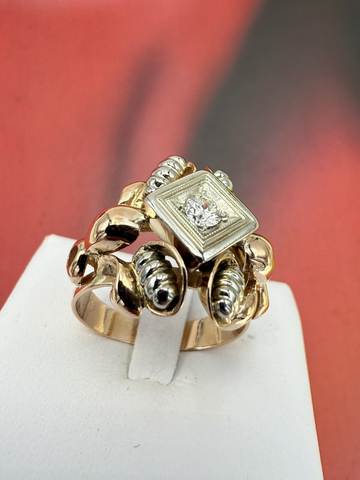 Anello vintage in oro rosso 18 kt con brillante da 0,15 ct, anni '50 – foto 6