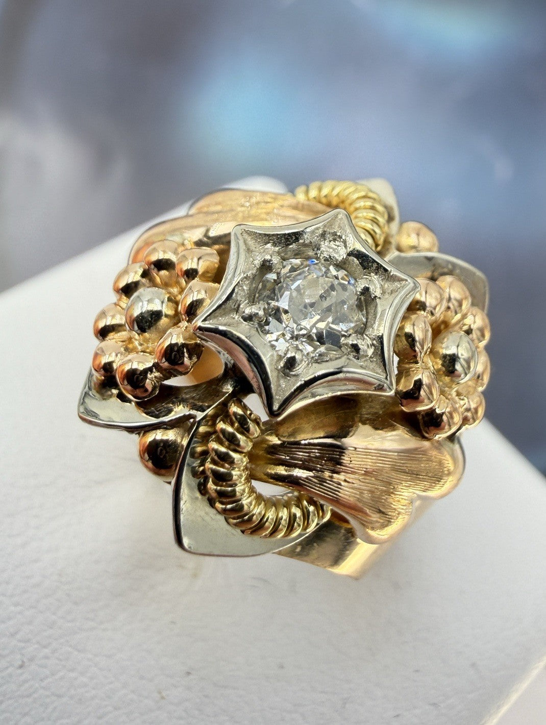 Anello vintage in oro rosso 18 kt con diamante taglio antico, anni '50 – foto 2