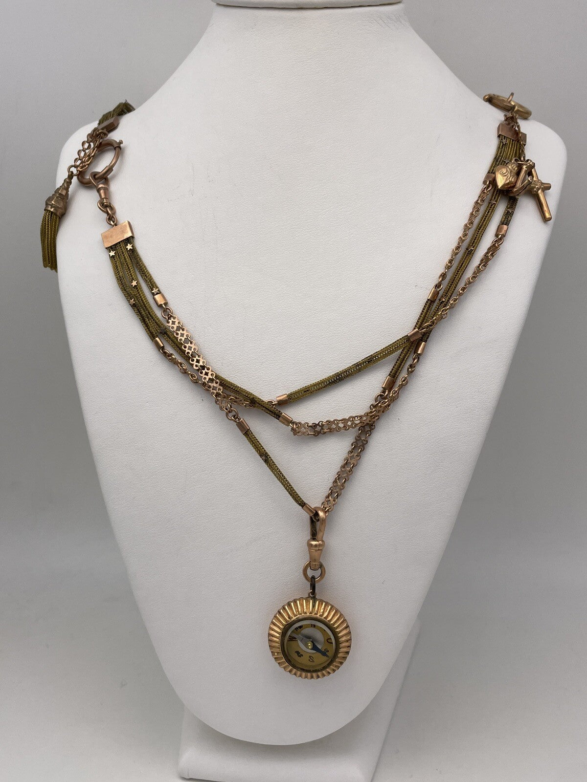 Doppia collana porta-orologio in oro rosa 6/7 kt con bussola e ciondoli – foto 11