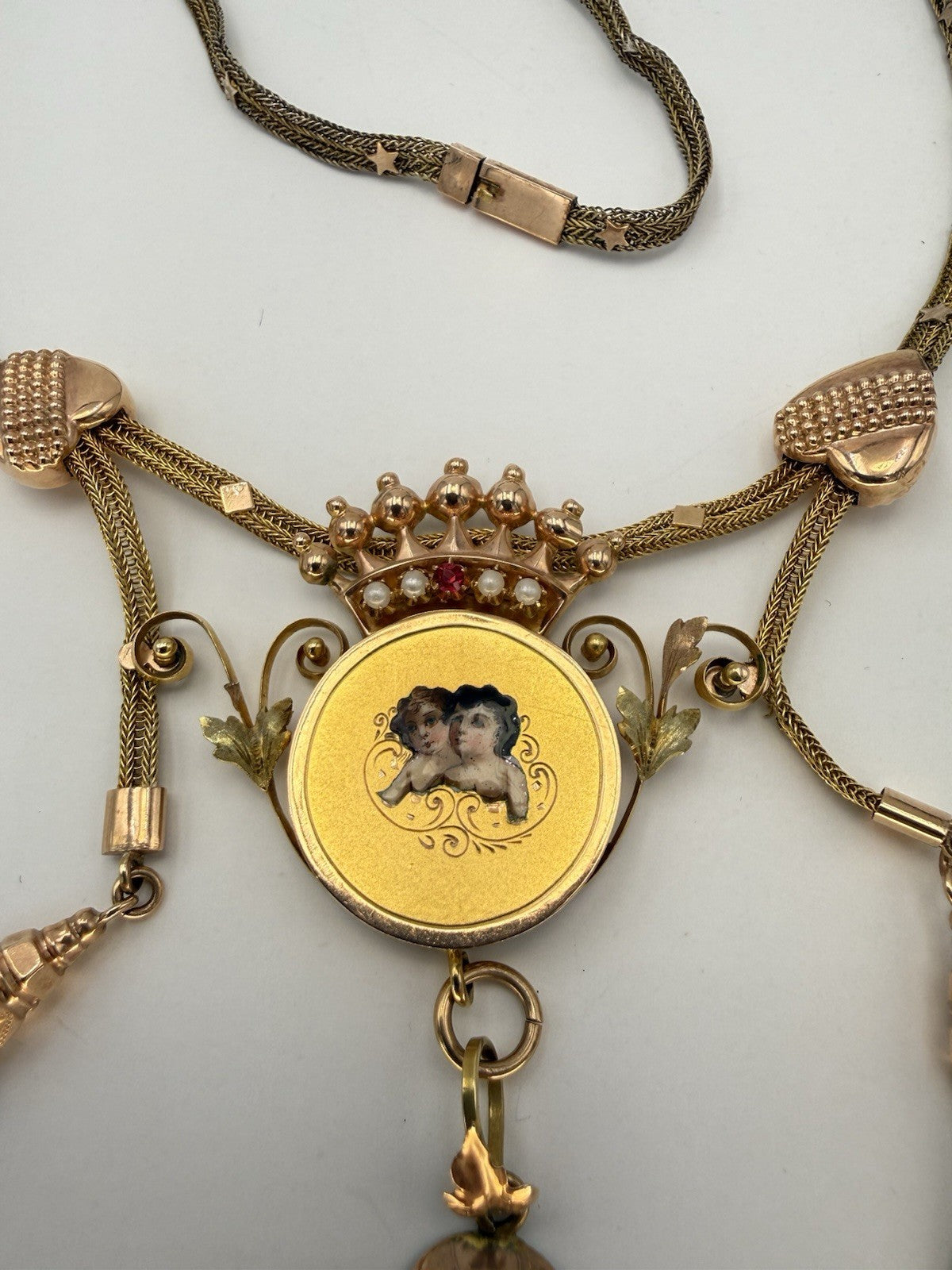 Collana antica in oro 6/7 kt con smalti, microperle e nappe, fine '800 – foto 14