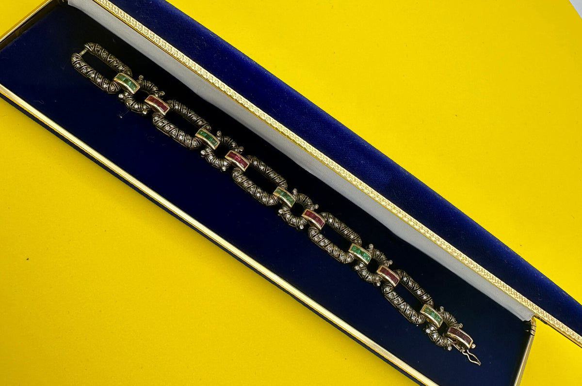 Bracciale vintage in oro 12 kt e argento con diamanti, rubini e smeraldi – foto 5