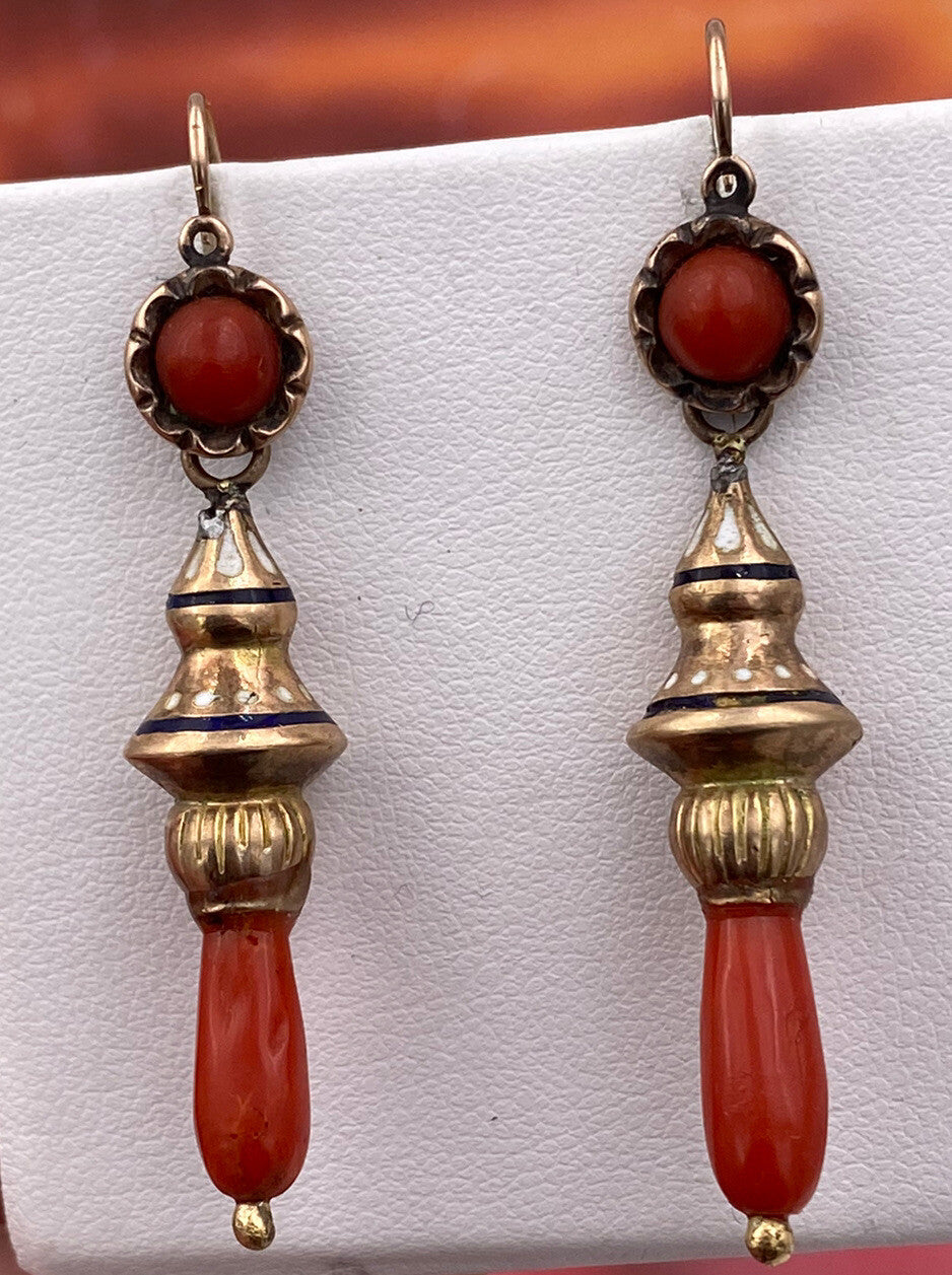 Orecchini antichi in oro rosso 6/7 kt con corallo e smalti, fine '800 – foto 10