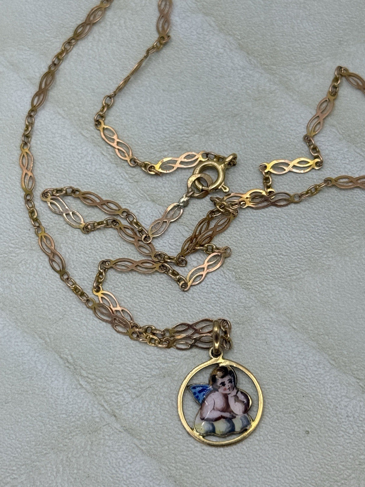 Collana antica in oro 9 kt con ciondolo smaltato a cherubino, inizi '900 – foto 6