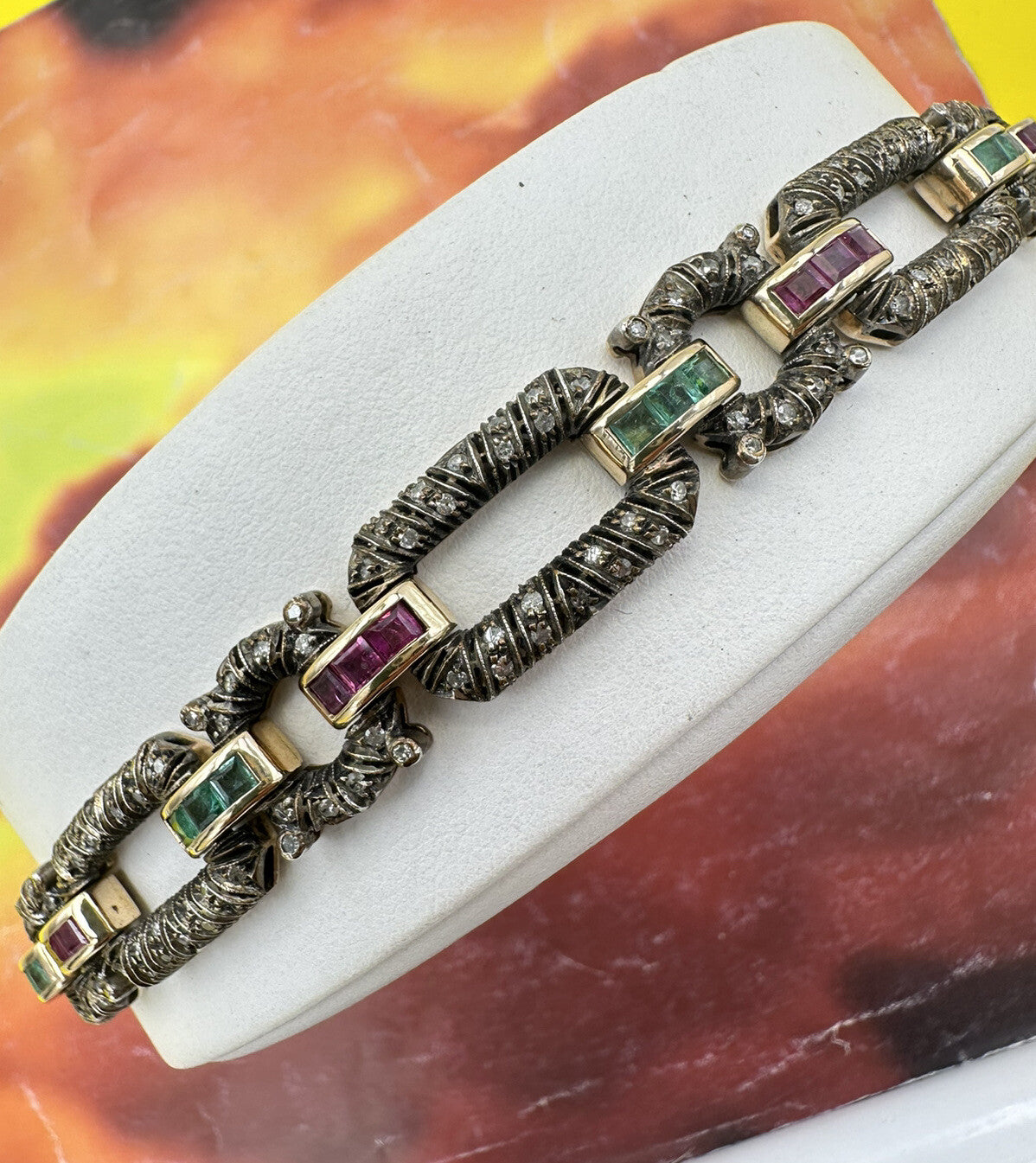 Bracciale vintage in oro 12 kt e argento con diamanti, rubini e smeraldi – foto 10