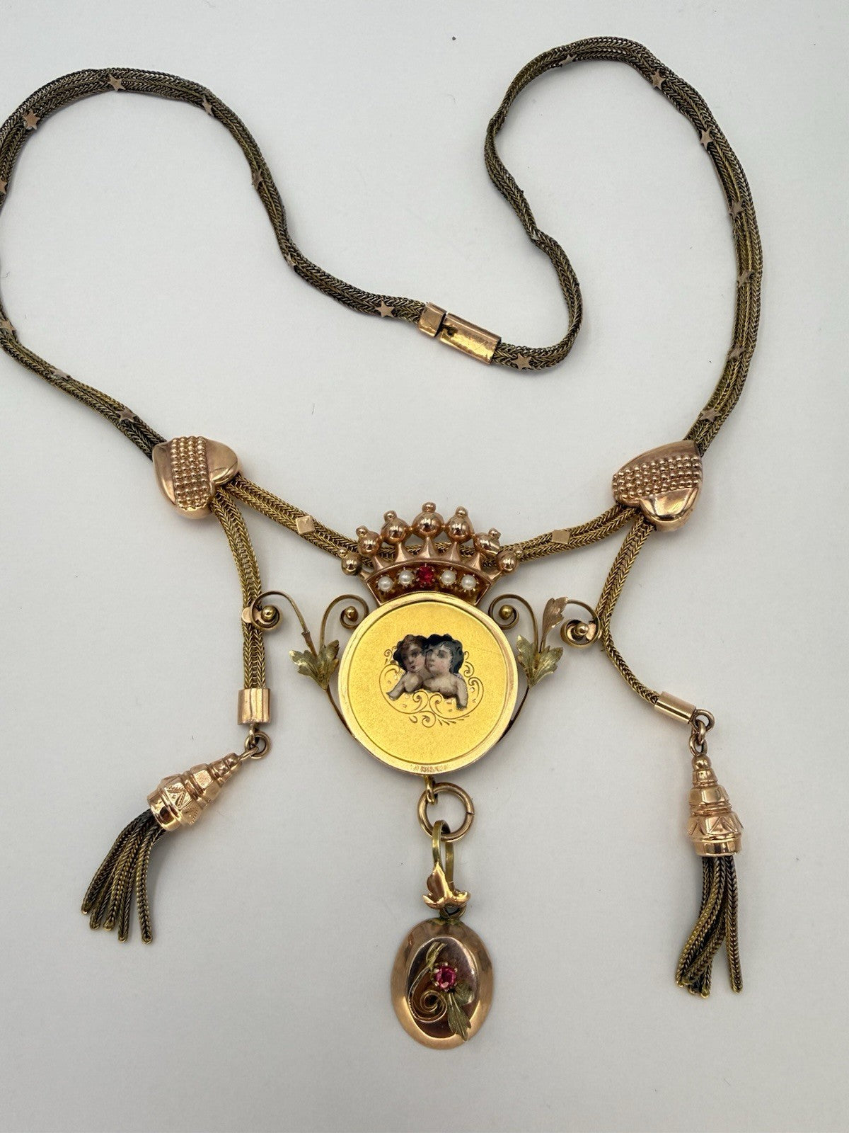 Collana antica in oro 6/7 kt con smalti, microperle e nappe, fine '800 – foto 11
