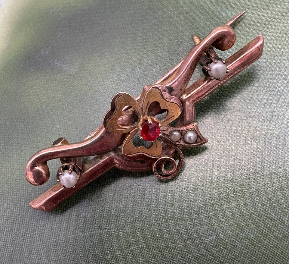Spilla antica in oro rosso 6/7 kt con perle e pietra rossa, fine '800 – foto 3
