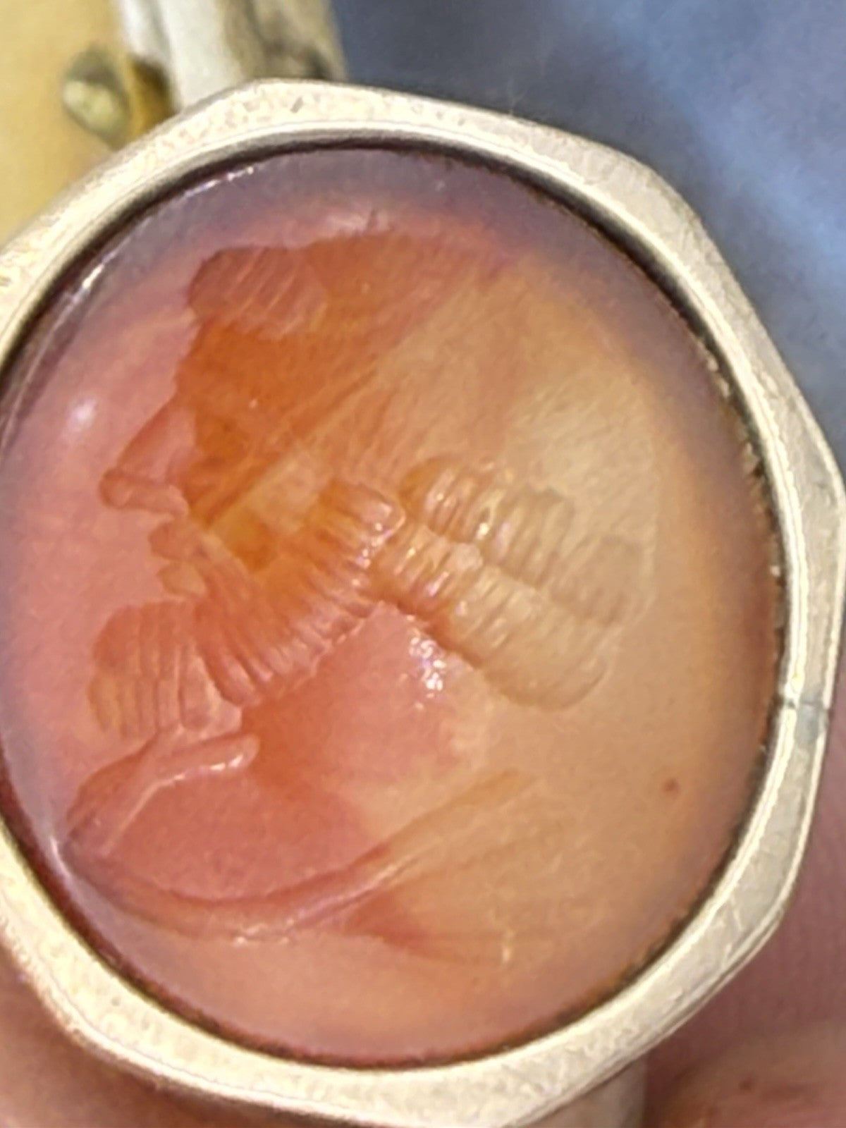 Anello borbonico in oro 6/7 kt con corniola incisa a volto di filosofo – foto 10