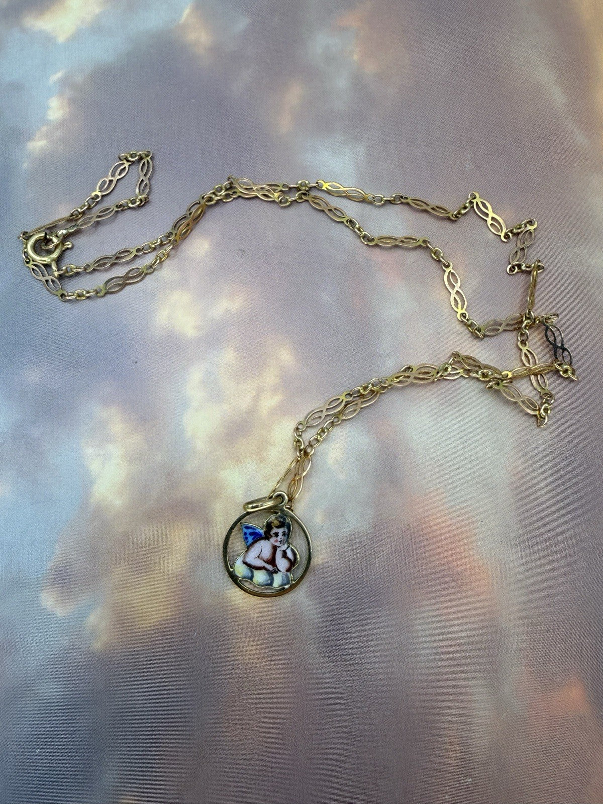 Collana antica in oro 9 kt con ciondolo smaltato a cherubino, inizi '900 – foto 10