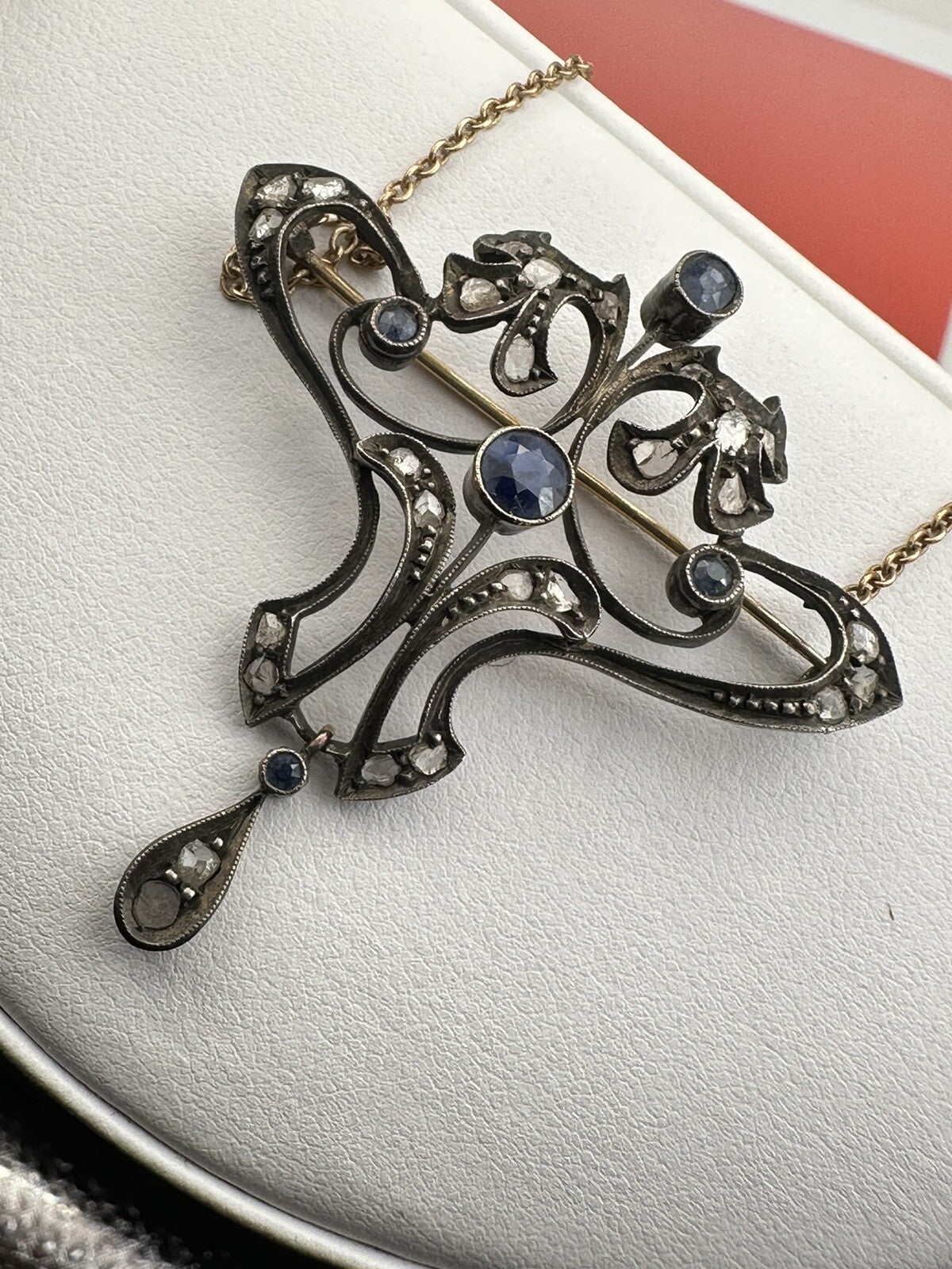 Spilla pendente antica in argento e oro con zaffiri e diamanti, inizi '900 – foto 10