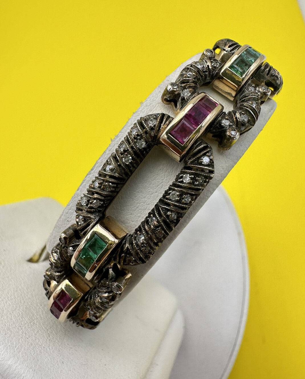 Bracciale vintage in oro 12 kt e argento con diamanti, rubini e smeraldi – foto 16