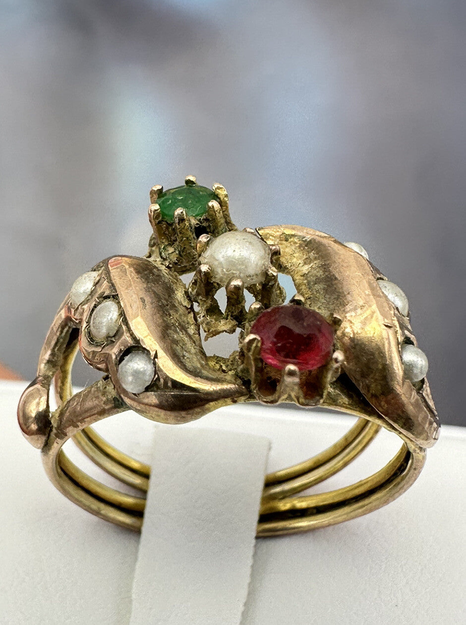 Anello borbonico in oro 6/7 kt con paste vitree e mezza perla, fine '800 – foto 2