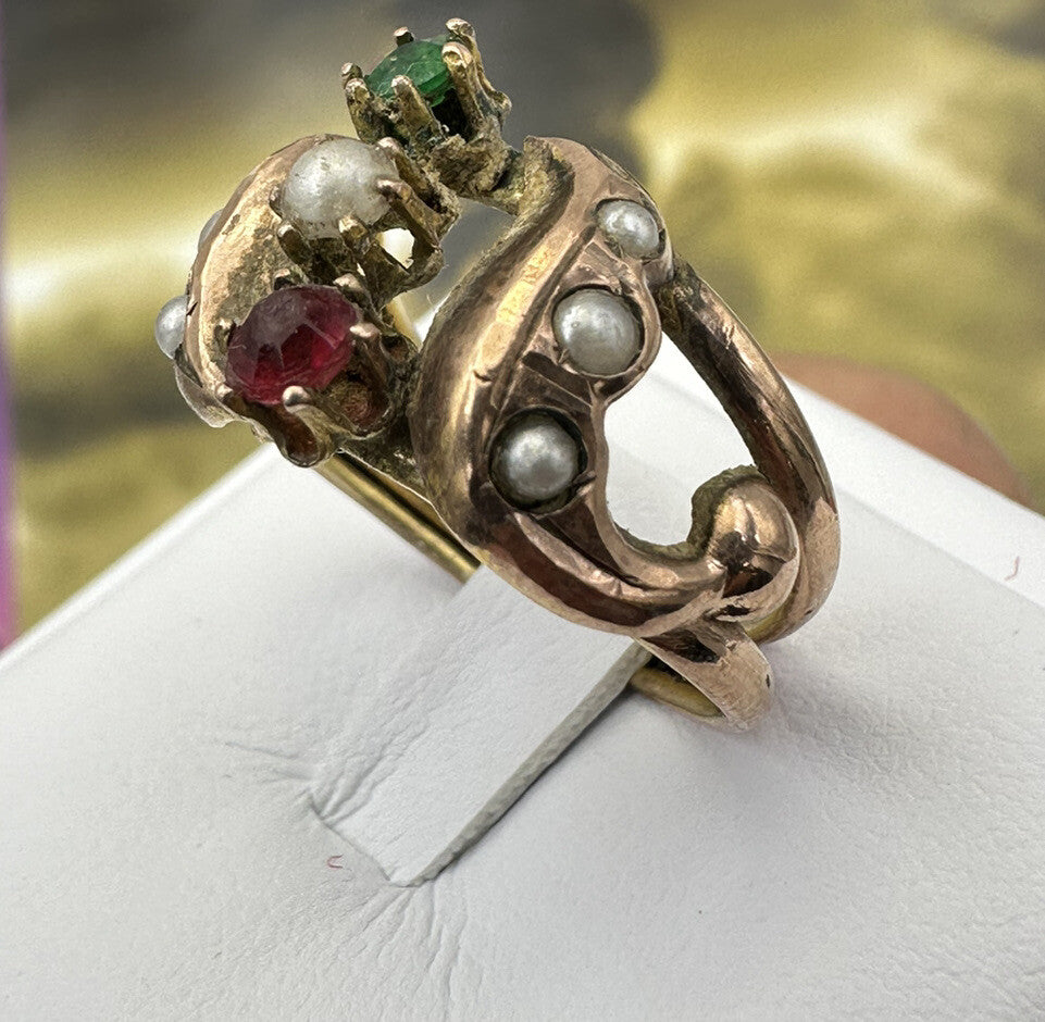 Anello borbonico in oro 6/7 kt con paste vitree e mezza perla, fine '800 – foto 3
