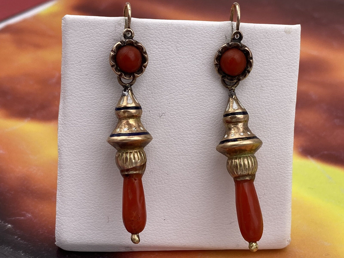 Orecchini antichi in oro rosso 6/7 kt con corallo e smalti, fine '800 – foto 3