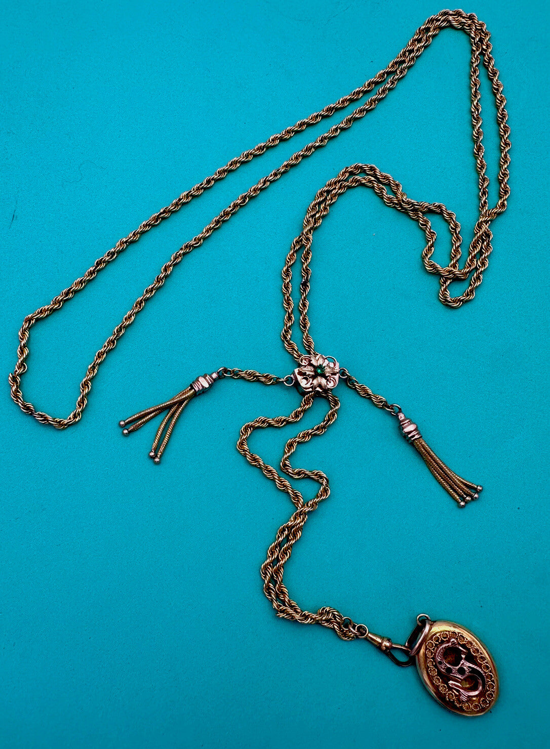 Collana saliscendi borbonica in oro 6/7 kt con pendente S e pietra verde – foto 8