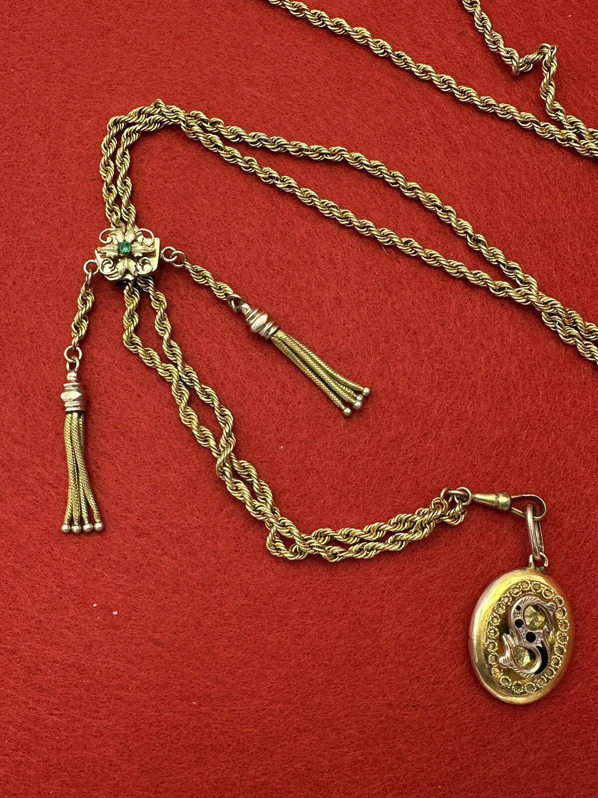 Collana saliscendi borbonica in oro 6/7 kt con pendente S e pietra verde – foto 6