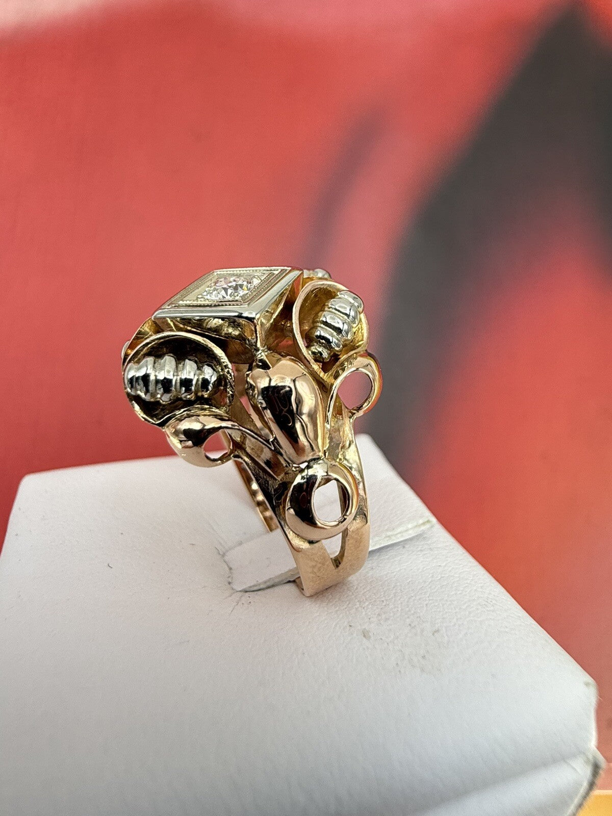 Anello vintage in oro rosso 18 kt con brillante da 0,15 ct, anni '50 – foto 10