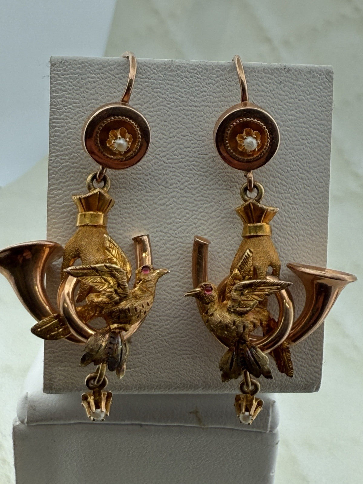 Orecchini antichi in oro 6/7 kt con paste vitree rosse e microperle, fine '800 – foto 10