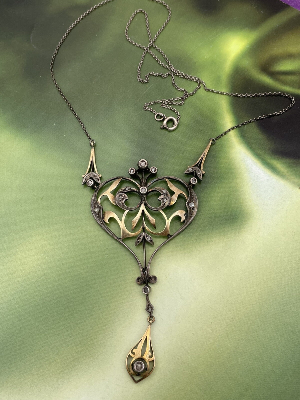 Collana con pendente antico in oro 12 kt, argento e diamanti taglio rosa – foto 10