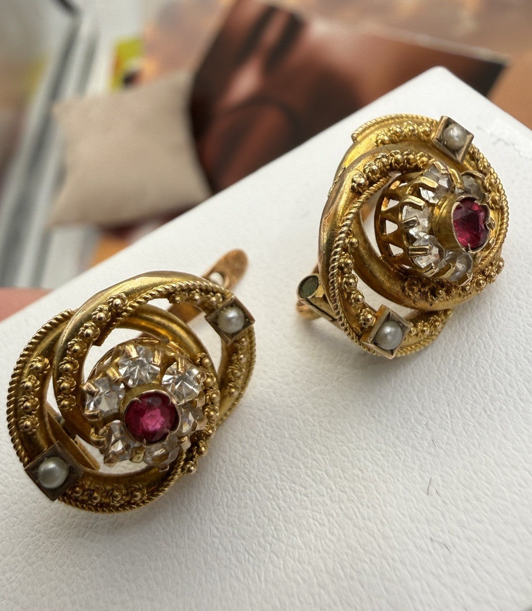 Orecchini antichi in oro 12 kt con paste vitree bianche e rosse, inizi '900 – foto 12