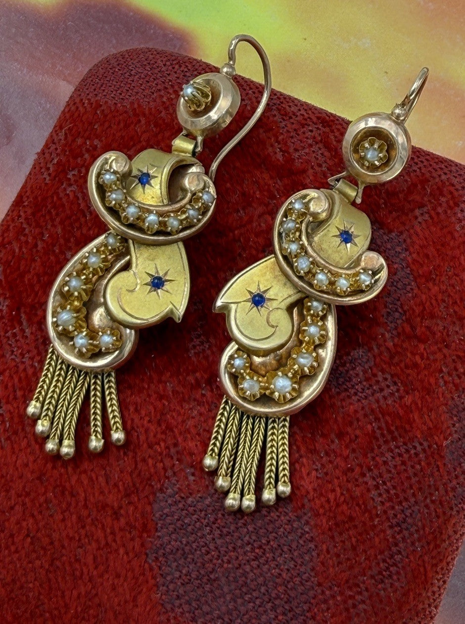 Orecchini antichi a frange in oro 6/7 kt con microperle, fine '800 – foto 9