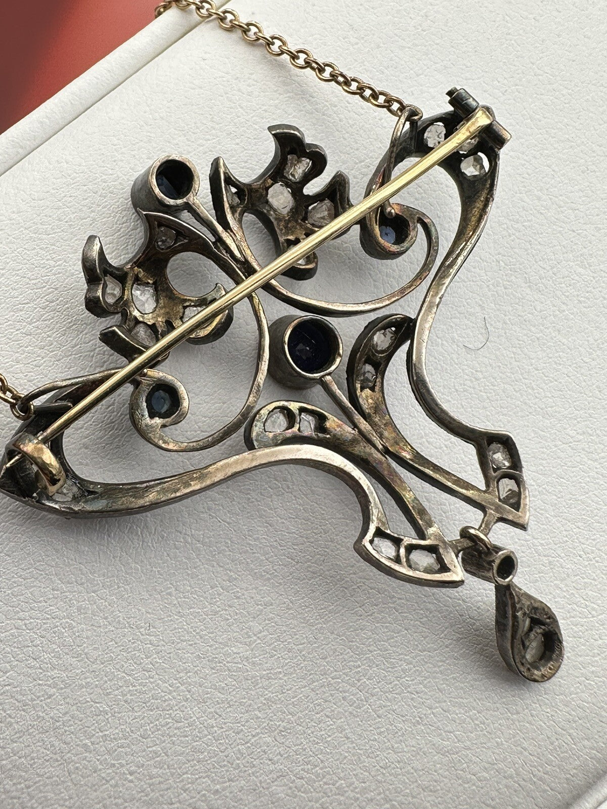 Spilla pendente antica in argento e oro con zaffiri e diamanti, inizi '900 – foto 12