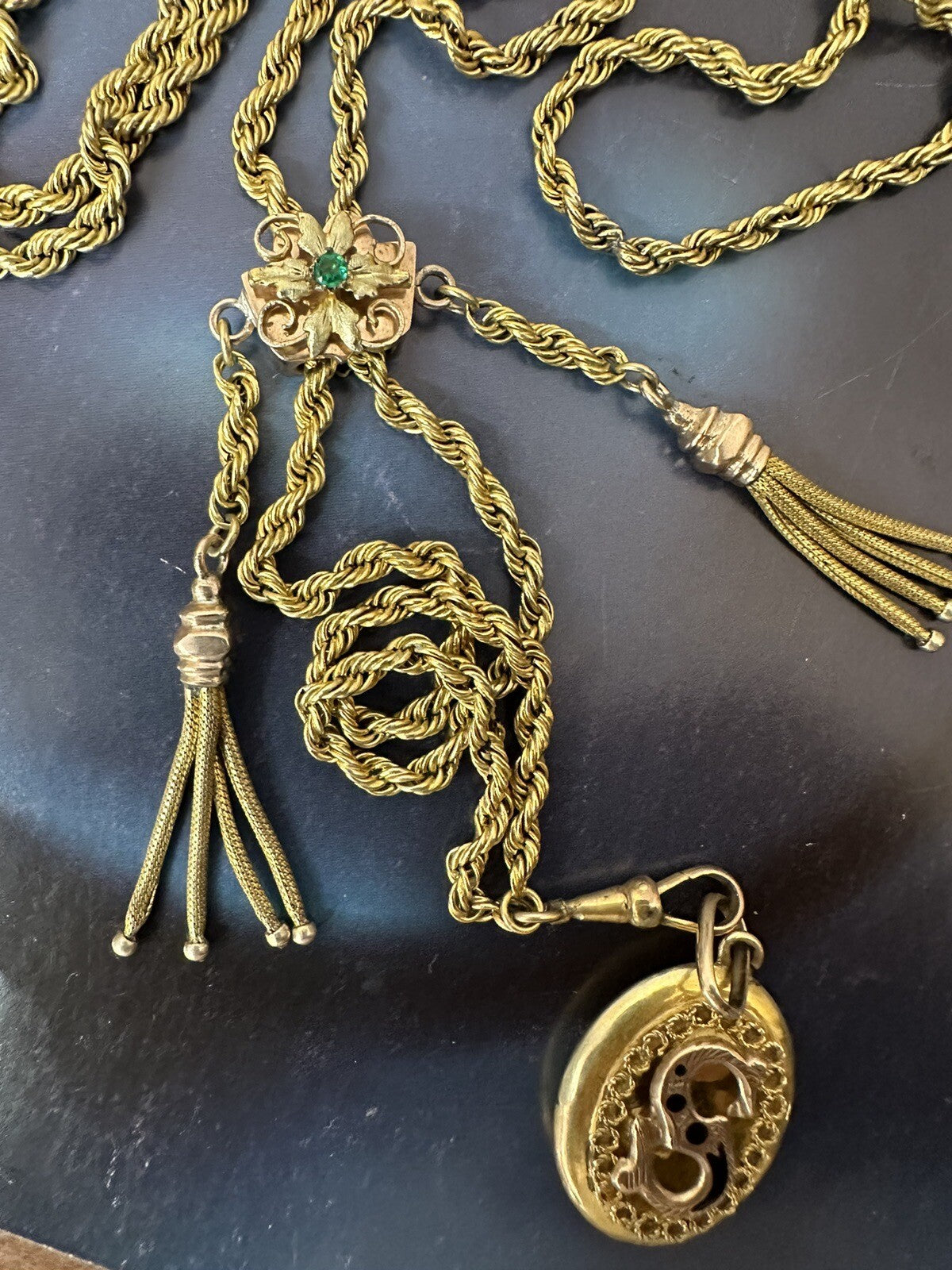 Collana saliscendi borbonica in oro 6/7 kt con pendente S e pietra verde – foto 15