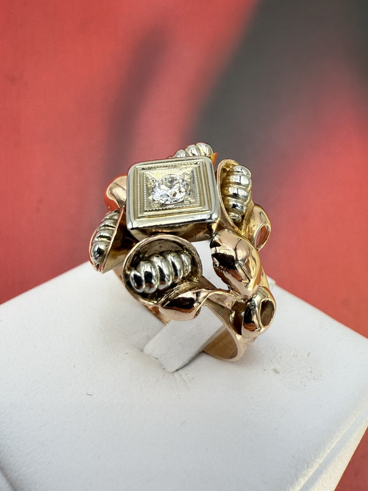 Anello vintage in oro rosso 18 kt con brillante da 0,15 ct, anni '50 – foto 5