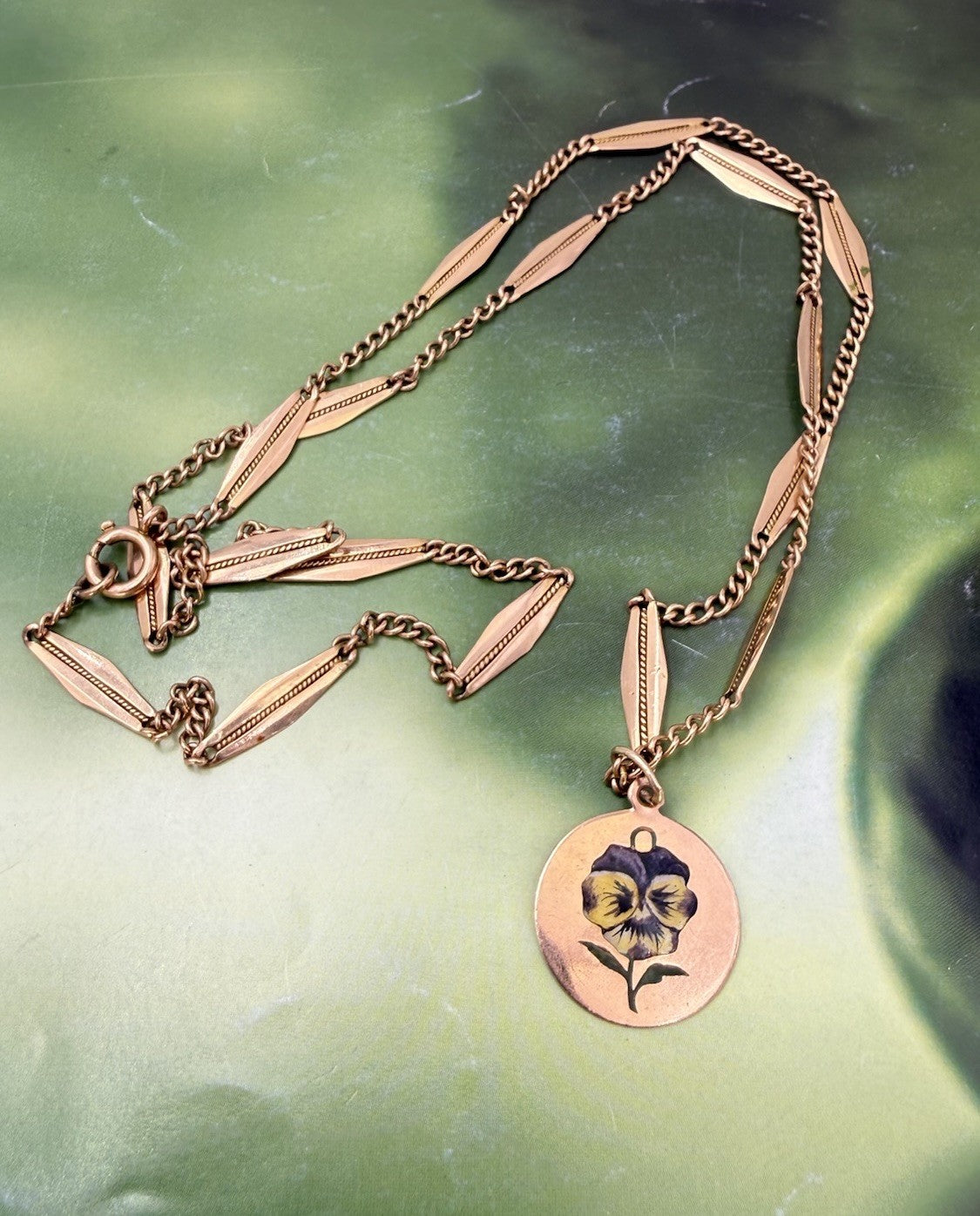 Collana antica in oro 12 kt con ciondolo floreale smaltato viola, inizi '900 – foto 8