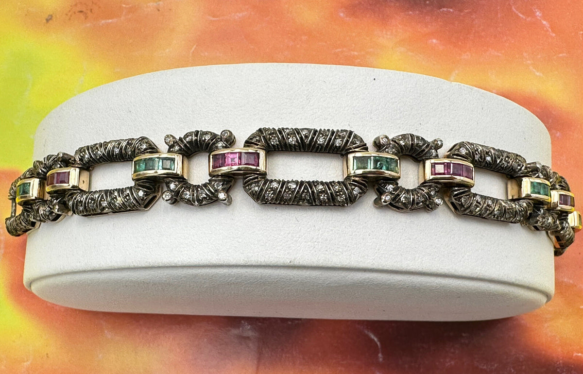Bracciale vintage in oro 12 kt e argento con diamanti, rubini e smeraldi – foto 8