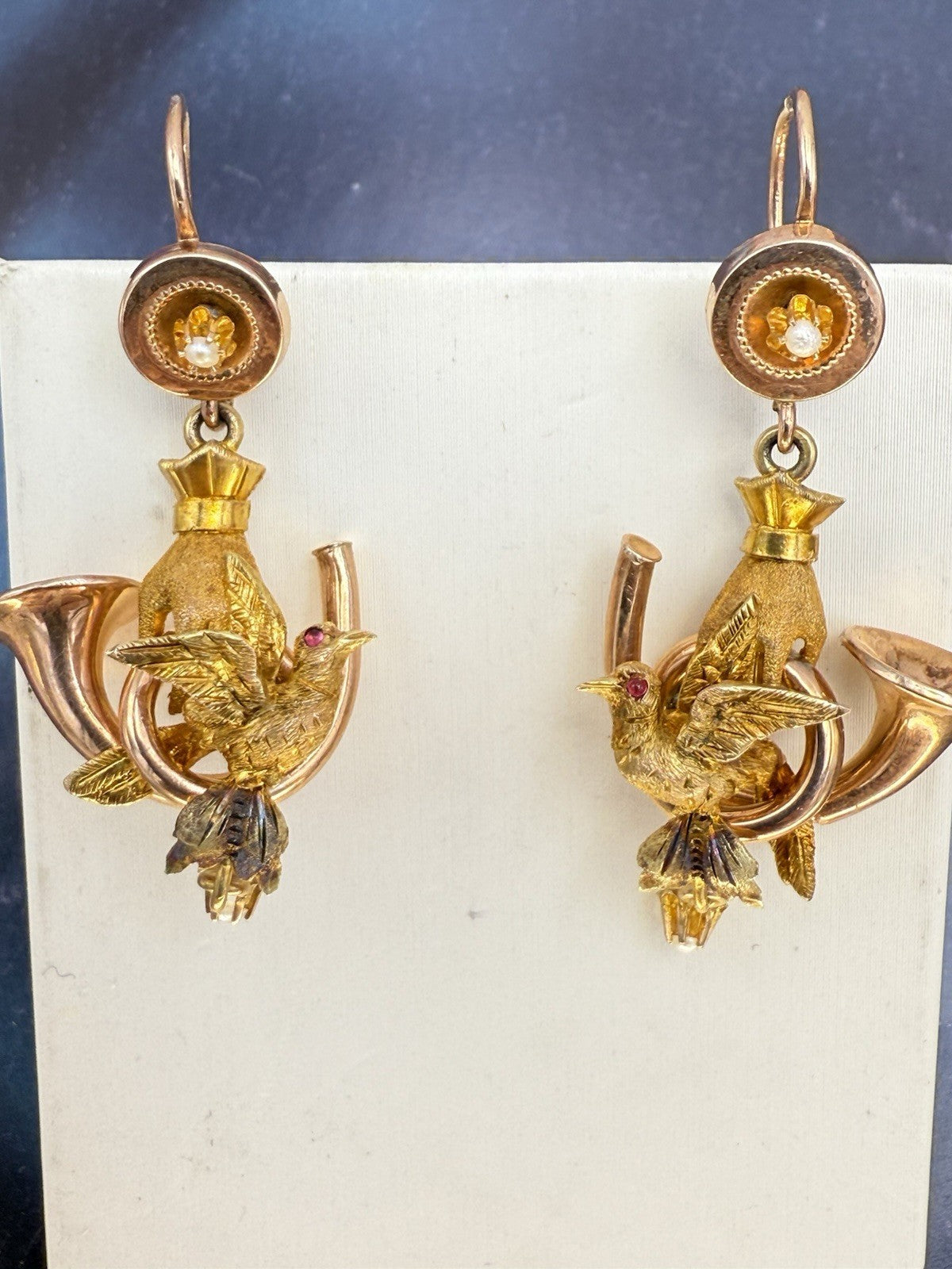 Orecchini antichi in oro 6/7 kt con paste vitree rosse e microperle, fine '800 – foto 14