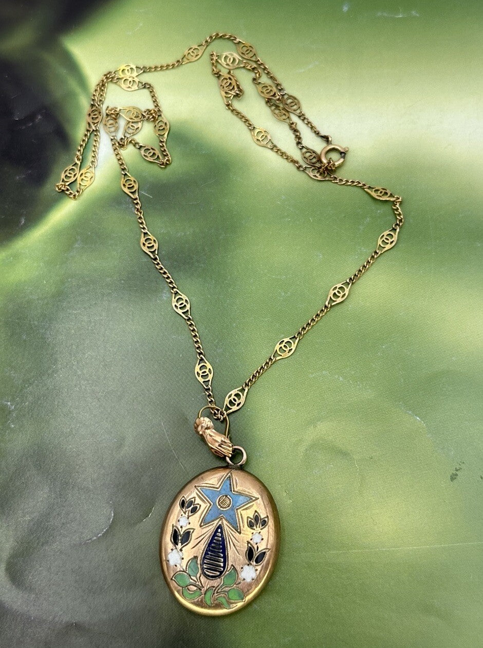 Collana antica in oro 6/7 kt con ciondolo a smalti multicolor, fine '800 – foto 3