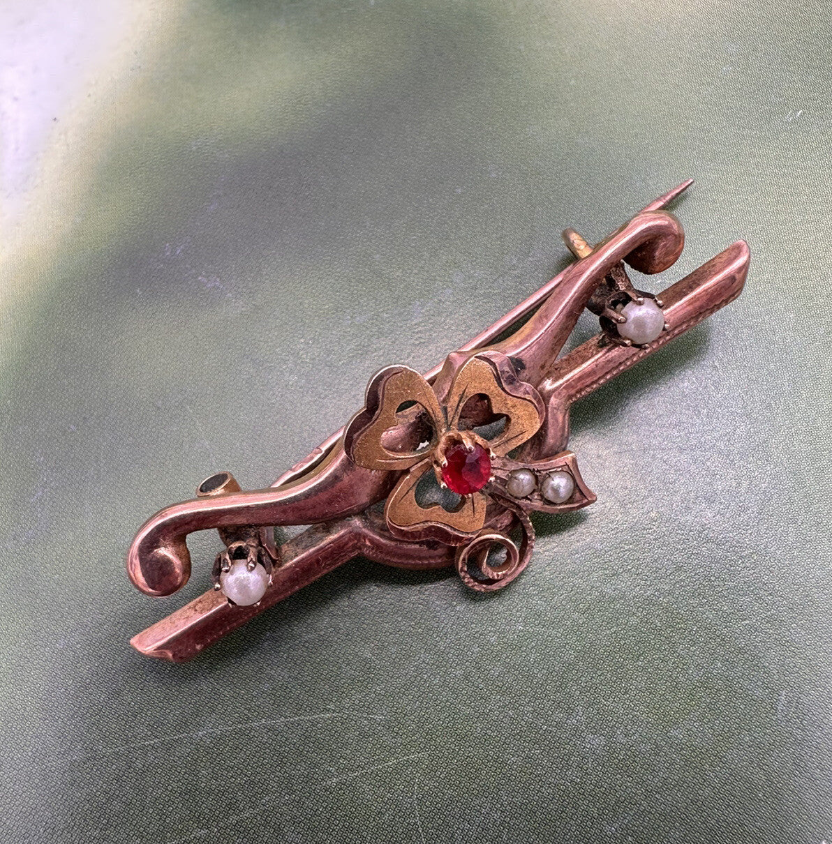 Spilla antica in oro rosso 6/7 kt con perle e pietra rossa, fine '800 – foto 6