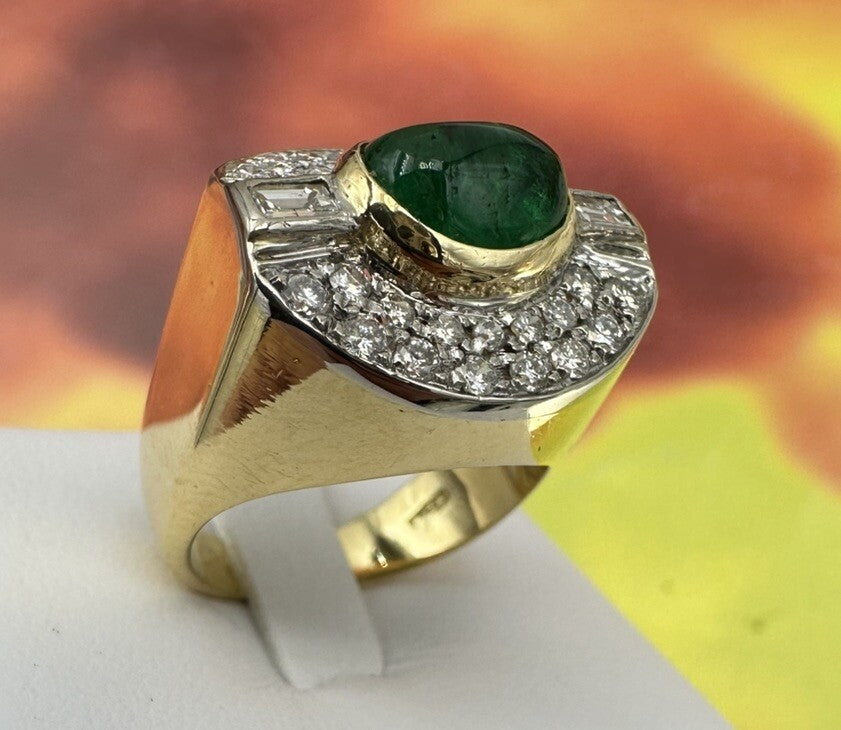 Anello a fascia in oro 18 kt con smeraldo cabochon e diamanti, anni '90 – foto 5
