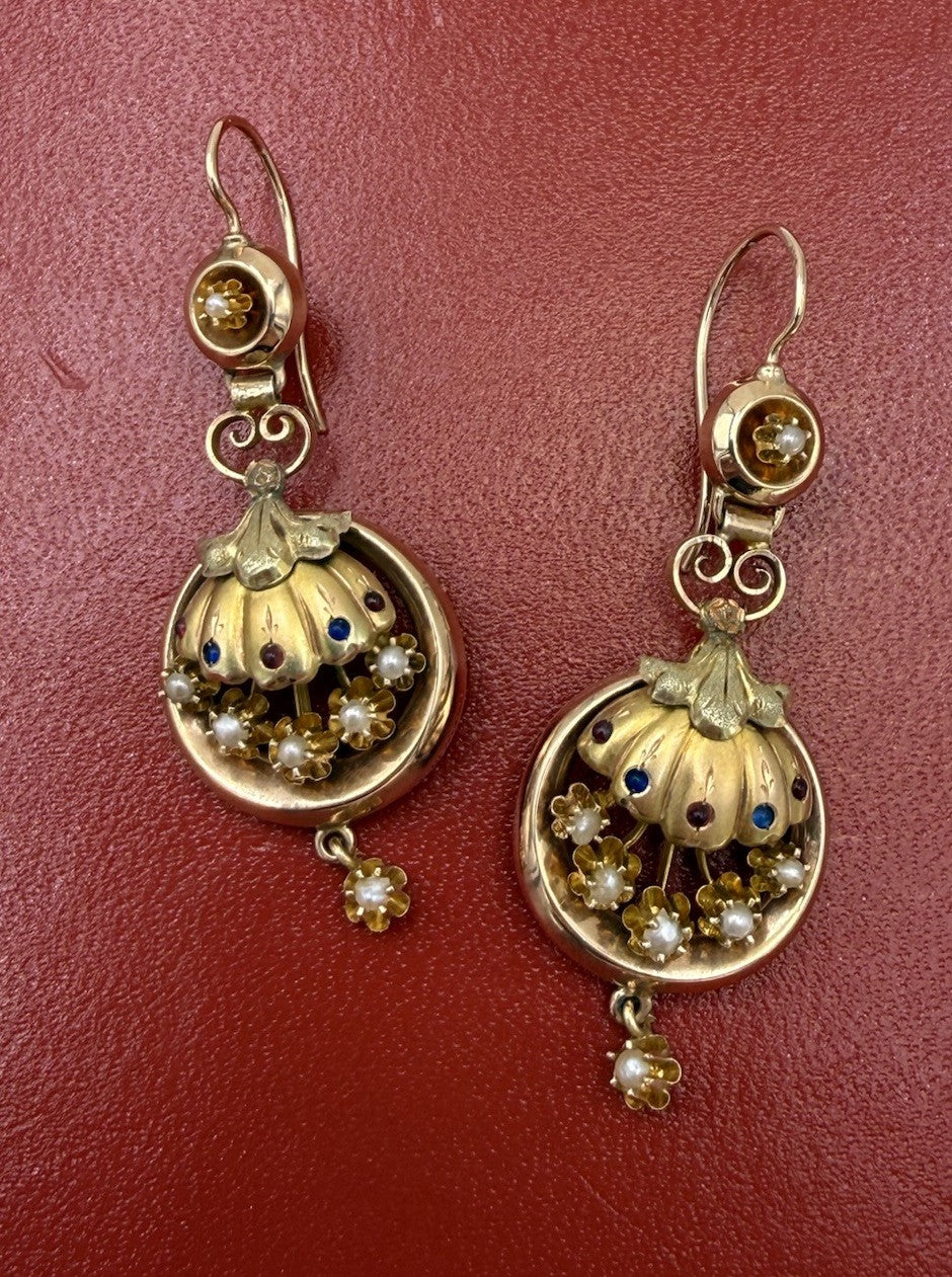 Orecchini borbonici in oro 6/7 kt con paste vitree rosse e blu e microperle – foto 6