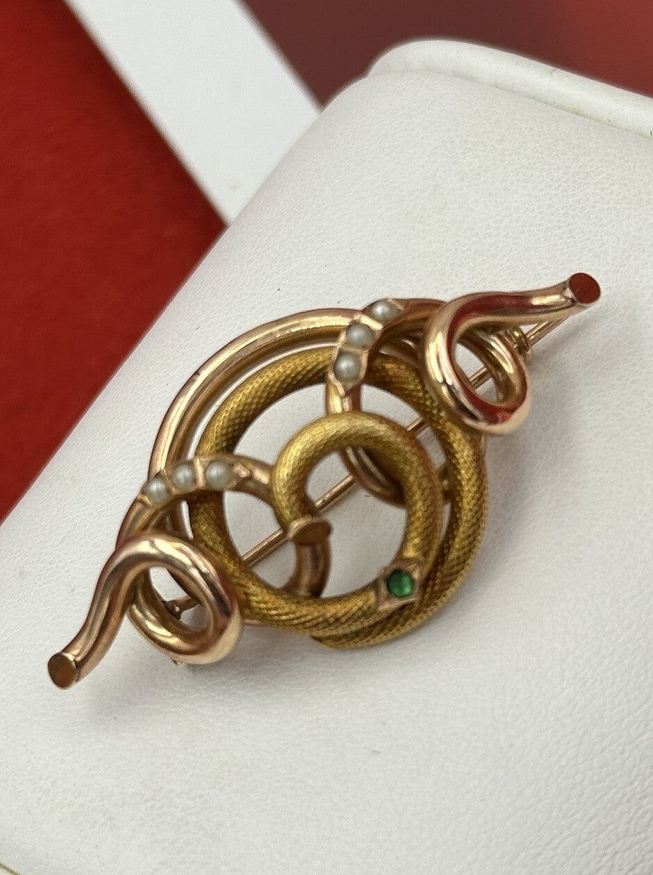 Spilla antica in oro 12 kt con microperle e pietra verde, inizi '900 – foto 2